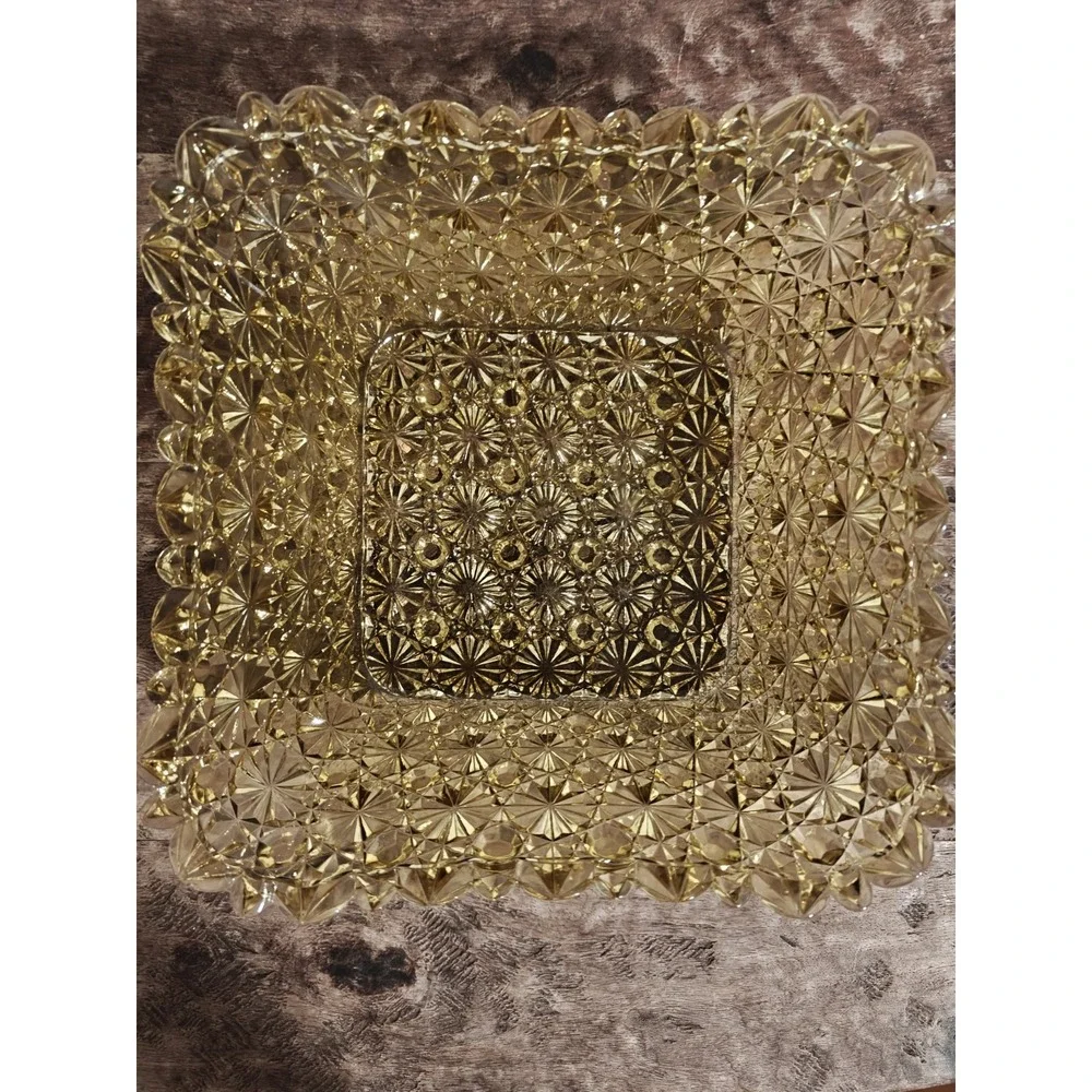 vintage amber glass daisy and button Square Bowl‎ 8'